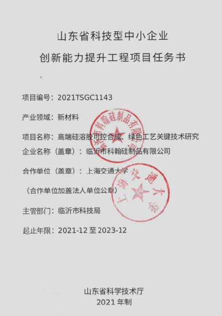 山东省科技型中小企业 创新能力提升工程项目任务书